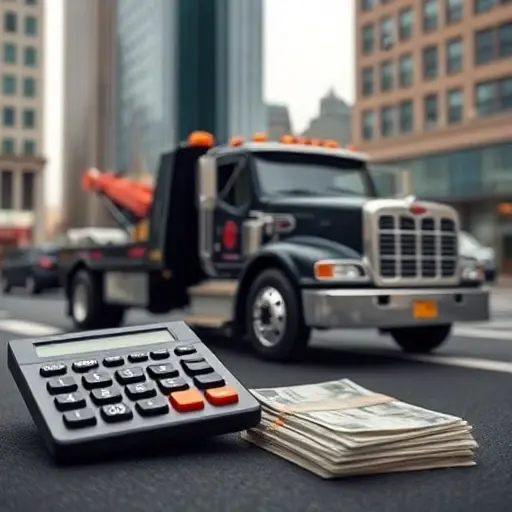 A tow truck in a city setting with a calculator and a stack of bills, implying cost calculation, realistic style, no text or digits