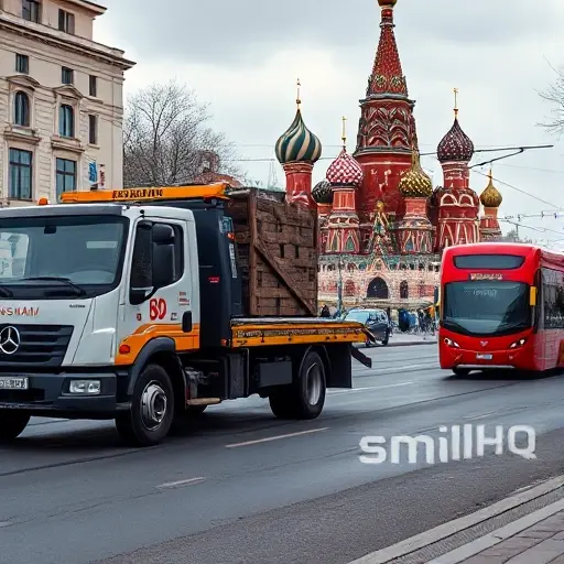 A realistic depiction of a tow truck pulling a car on a busy Moscow street, with iconic city landmarks such as St. Basil's Cathedral and a red tram in the background, and a subtle hint of the Basman brand on the truck's side, all in a smallHQ style.