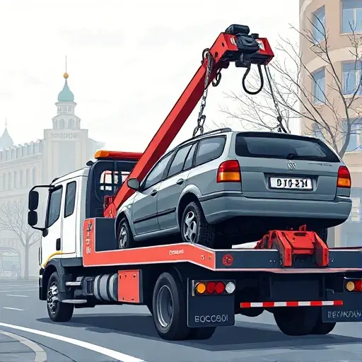 A realistic illustration of a tow truck in an urban setting, lifting a heavy vehicle with a visible weight gauge or scale indicating load capacity, featuring subtle background elements hinting at Moscow and Ryazan cityscapes, no text or lettering
