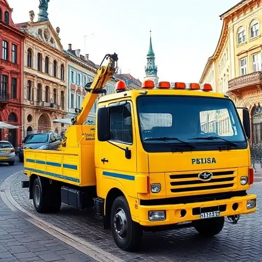 эвакуатор тверь москва A bright yellow tow truck with a large hook, parked on a cobblestone street in Tver, Russia, with historic city buildings in the background, a small car being towed, clear sky, no people, no text or logos