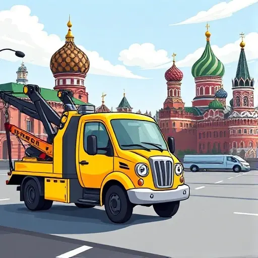 A whimsical bumblebee-themed tow truck (evakuator) driving through a recognizable Moscow cityscape, with the Kremlin domes and classic Russian architecture in the background, under a clear sky. The tow truck has a friendly, cartoonish bumblebee design, bright yellow and black stripes, and is depicted in a compact, high-quality illustration style. No text, letters, or numbers are present in the image.