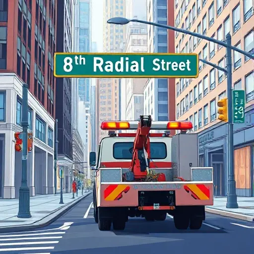 Эвакуатор на 8-й Радиальной улице: Полное руководство A realistic city street scene showing a tow truck (evacuator) parked on 8th Radial Street, with the street name visible on a street sign, surrounding urban buildings, and a clear view of the vehicle's hook and lights, captured in a detailed, high-quality illustration