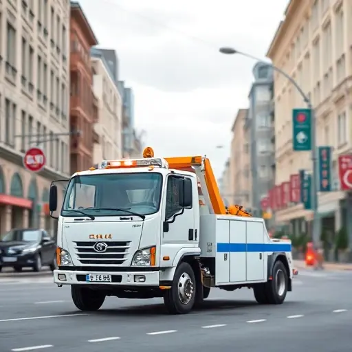Эвакуатор на 7-й Садовой улице: Полное руководство A realistic illustration of a tow truck (evacuator) parked on a bustling urban street named 7th Sadovaya Street, with typical city buildings, street signs blurred, and a clear focus on the vehicle, showing its hook and lights, under a slightly overcast sky, in a compact high-quality style.