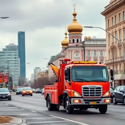A realistic depiction of a tow truck (evakuator) on a Moscow street, with recognizable Moscow architecture in the background, the truck waiting alone to convey direct service without intermediaries, and an atmosphere of uncertain arrival time, without any text, letters, or numbers in the scene.