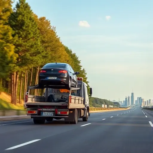 Эвакуатор Москва Ленинградское шоссе: Полное руководство A realistic scene of a tow truck on the Leningrad Highway near Moscow, with the truck positioned on a wide road surrounded by trees and distant city skyline, a broken-down car being lifted onto the truck's platform, clear sky, and subtle motion blur to suggest movement, all without any text, letters, or digits