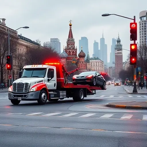 A tow truck pulling a car in a Moscow street scene, with the city skyline in the background, featuring iconic red traffic lights and a subtle hint of the Kremlin silhouette, all depicted in a realistic style without any text or lettering.