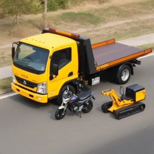 A modern yellow flatbed tow truck parked on a paved road next to a small sports motorcycle and a compact piece of construction machinery, such as a mini excavator. The scene is set during the day with clear weather, showcasing the vehicles in a side-by-side arrangement.