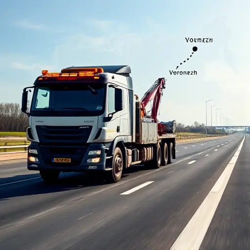 A realistic scene of a modern tow truck on a highway, with a subtle background showing a map outline of Russia highlighting the route from Voronezh to Moscow. The truck is driving forward, showing its hook and lights, with a clear sky and distant city silhouettes. Emphasize the journey and the vehicle, without any text or signage.