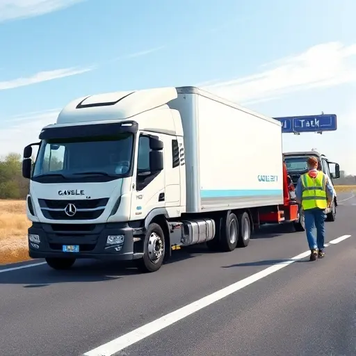 A realistic illustration of a Gazelle Next truck being towed by a tow truck in a typical roadside emergency scenario, with a broken-down vehicle on the side of a highway, a tow truck operator in a reflective vest, and a clear sky background.