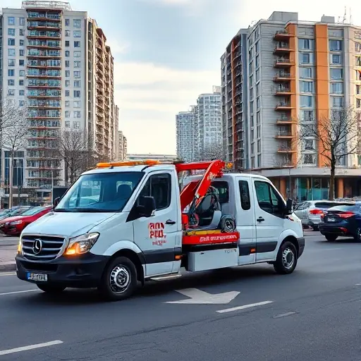 Эвакуатор в ЮАО Москвы: Недорого и Оперативно A modern tow truck pulling a small car on a busy street in the South-East district of Moscow, with typical Moscow high-rise buildings and a glimpse of the Moscow River in the background, under a clear sky, conveying efficient and affordable service, without any text or logos