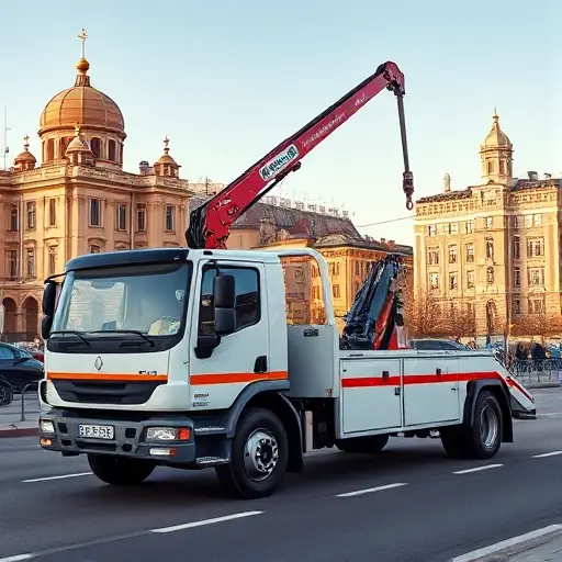 эвакуатор манипулятор в москве недорого вызвать A modern tow truck equipped with a hydraulic manipulator arm parked on a Moscow street, with recognizable city elements such as the Kremlin dome silhouette and typical Russian apartment buildings in the background, under a clear sky. The scene conveys reliability and affordability without any text or signage.