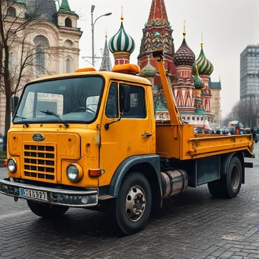 A used tow truck parked in front of a recognizable Moscow landmark, such as the Kremlin or St. Basil's Cathedral, with a slightly worn exterior, rust spots, and a classic yellow and black color scheme. The scene should capture the urban atmosphere of Moscow, with cobblestone streets and winter light.