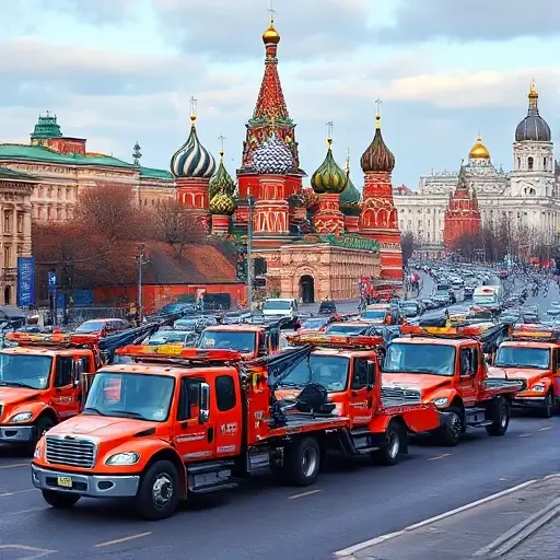 сколько эвакуаторов в москве A bustling Moscow street scene showing several tow trucks parked and working near iconic landmarks such as the Kremlin and St. Basil's Cathedral, with city traffic and buildings in the background, illustrating the presence of many tow trucks in the city