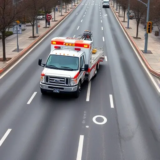 A realistic tow truck (evacuator) driving on the first dedicated ambulance lane of a city road, with clear lane markings and a sense of guidance, showing the vehicle maneuvering safely without any textual signs or numbers, in a clean, detailed composition