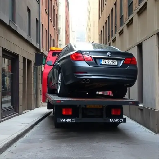 A tow truck partially loaded with a car in a narrow alley, showing the partially lifted vehicle, with a city street background, no text or letters