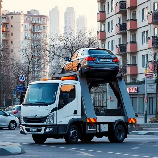 A realistic scene of a modern tow truck operating in a Moscow South-Eastern district street, with recognizable city elements such as typical apartment buildings, street signs in Cyrillic, and a subtle hint of the Moscow skyline in the background. The tow truck should be shown in action, lifting a small car onto its platform, illustrating the service. The composition should convey professionalism and reliability, with clear focus on the vehicle and the urban environment, without any added text or logos.