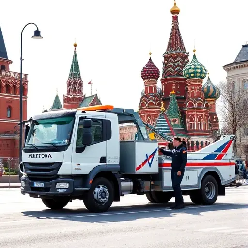 A realistic scene of a modern tow truck parked on a Moscow street near iconic landmarks such as the Kremlin or St. Basil's Cathedral, with a professional driver in uniform standing beside the vehicle, bright daylight, clean city background, emphasizing reliability and safety, no text or signage