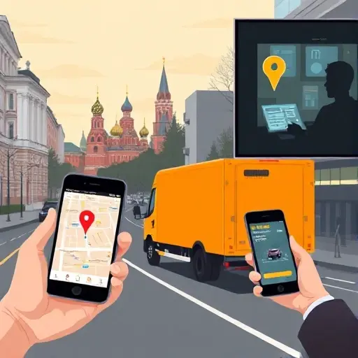 A realistic illustration of a Moscow city street with recognizable landmarks such as the Kremlin towers in the background, a bright orange tow truck parked beside a broken car, a hand holding a smartphone showing a map pin on the location, and a dispatcher silhouette in a control room with glowing screens, conveying the act of calling a tow service and sending information, all without any visible text or numbers.