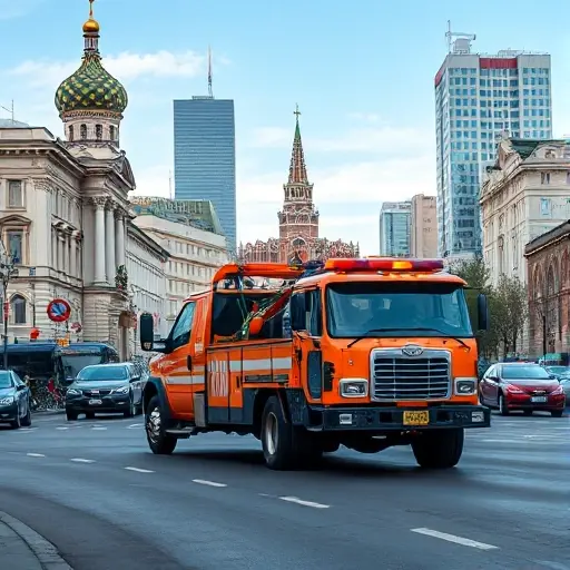 A realistic scene of a tow truck operating on a busy Moscow street, with recognizable Russian architecture such as historic buildings and modern high-rises in the background, a clear sky, and the tow truck positioned prominently, showing its hook and lights, without any text or signage on the vehicle.