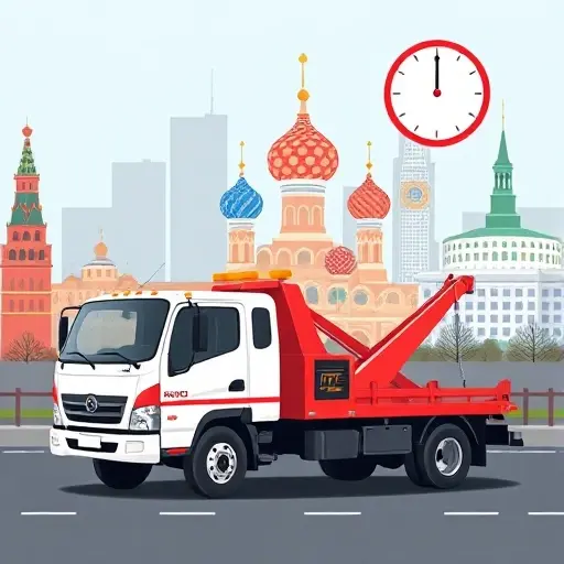 A tow truck parked in front of a recognizable Moscow skyline, with a phone handset and a clock indicating 24/7 service, all depicted in a stylized, clean illustration style, no text or numbers