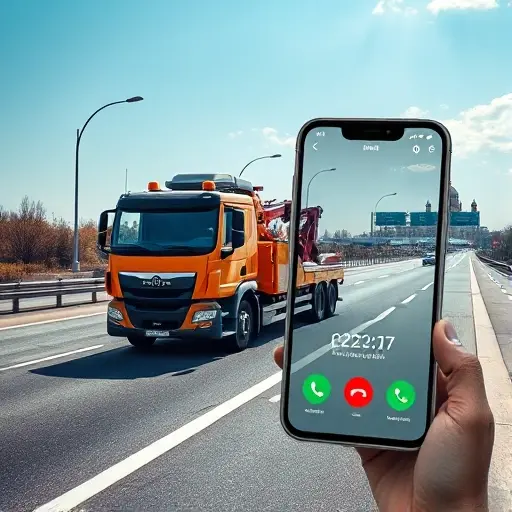 A realistic scene showing a tow truck (evakuator) on a highway connecting St. Petersburg and Moscow, with a subtle overlay of a smartphone displaying a call interface (no visible text) indicating a dispatcher conversation, and a map-like line tracing the route between the two cities in the background. The composition should convey the idea of a phone call to a dispatcher and clarification of details, without any visible text, letters, or numbers on the vehicle or surroundings. The image should be vivid, detailed, and fit the "smallHQ" style.