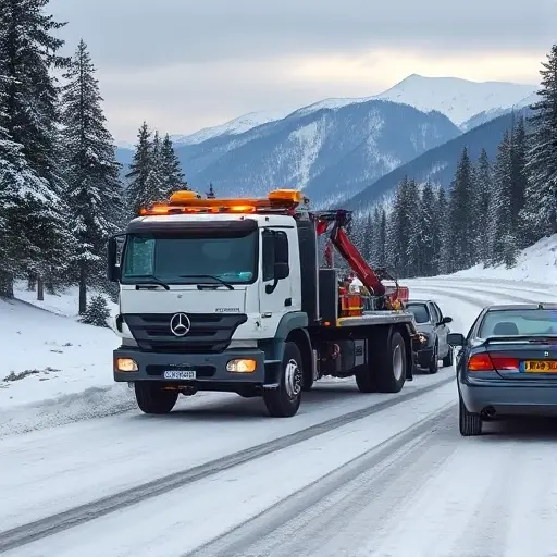 A tow truck parked beside a stalled car on a snowy mountain road in the Urals, with pine forest and distant peaks in the background. The scene shows the tow truck’s front lights on, a small workbench with tools, and a driver in a reflective vest standing next to the vehicle, all depicted without any text, letters, or numbers.