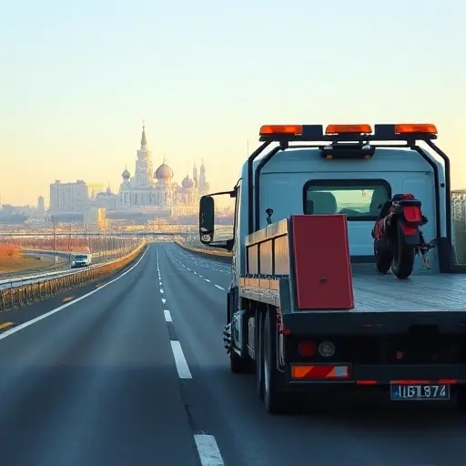Эвакуатор Владимир ‒ Москва: Полное руководство по ценам и услугам A realistic tow truck on a highway heading from Vladimir to Moscow, with a distant view of Moscow's skyline in the background, showing the truck's hook and platform, under a clear sky, emphasizing the concept of vehicle towing services and long-distance transport.