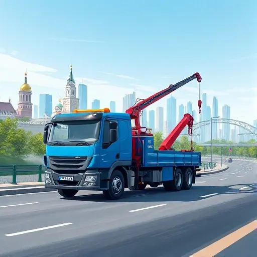 A realistic illustration of a blue tow truck with a crane, parked on a city street inside the Moscow ring road, with the Moscow skyline in the background and the ring road outline visible, under a clear sky
