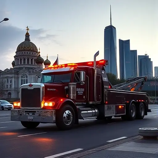 A powerful tow truck designed for heavy trucks, positioned on a Moscow street with recognizable city landmarks such as the Kremlin dome and modern skyscrapers in the background. The scene conveys 24/7 availability with a subtle hint of night and day transition in the sky, showing the tow truck's lights on and a professional driver (silhouette) ready to assist. Emphasize the robust vehicle, the urban environment, and a sense of reliable, round‑the‑clock service.