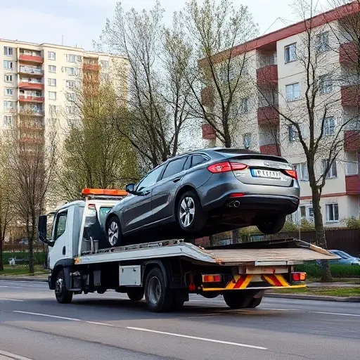 A tow truck performing a partial load on a suburban Moscow street in Medvedkovo, with a car partially lifted onto the truck's platform, surrounded by typical Russian apartment buildings, trees, and a clear daytime sky