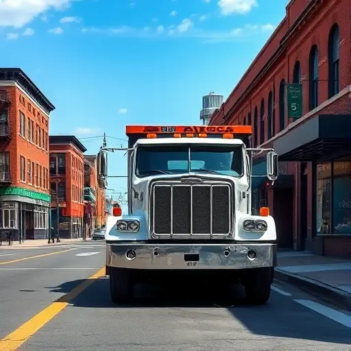 A realistic tow truck parked on a bustling city street, with brick storefronts, streetlights, and a clear sky. The scene shows the truck's front, with a hydraulic winch and a flatbed, positioned on a typical 5th Street layout. No people, no other vehicles, no text or signage visible.