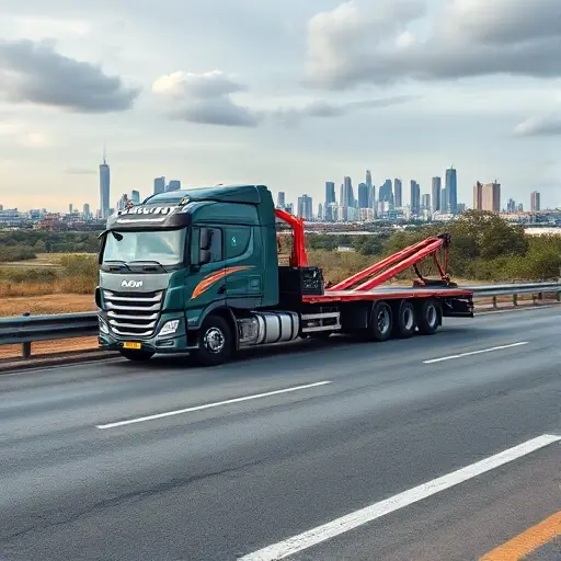 A tow truck parked on a road in Volgograd, with the city skyline in the background, a subtle distance line drawn on the road indicating transport distance, no text or numbers