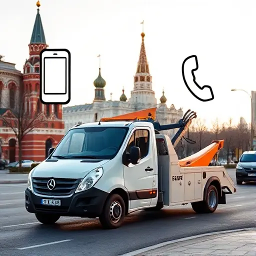 A modern tow truck parked on a Moscow street with a subtle visual contrast: on one side, a smartphone icon with a curved arrow indicating a callback request, and on the other side, a traditional phone handset symbolizing a direct call. The background shows recognizable Moscow architecture (e.g., a silhouette of the Kremlin towers) under a clear sky, with no text or lettering in the scene. The composition highlights the two service options through the icons and the tow truck, using realistic lighting and a slightly elevated viewpoint.
