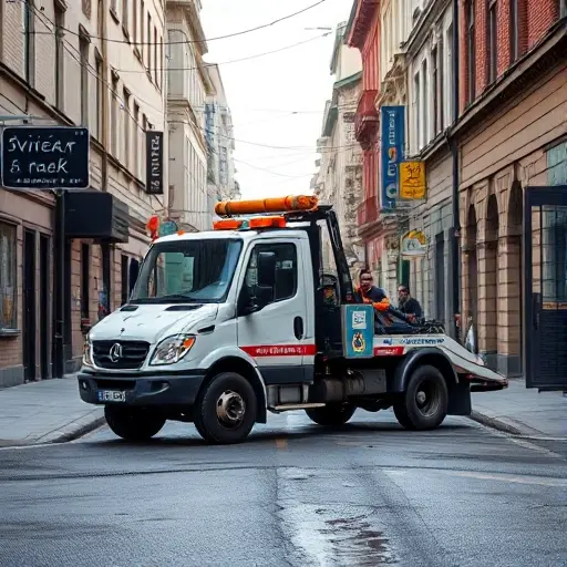 A realistic scene of a tow truck parked on Bolshoy Vlasyevsky Lane, with a busy dispatch center in the background. The dispatch center features a dispatcher at a desk with a telephone, surrounded by monitors and city street details. The street is narrow with buildings on either side, and the tow truck is clearly visible, ready for service. The overall composition captures the atmosphere of a bustling urban service environment.