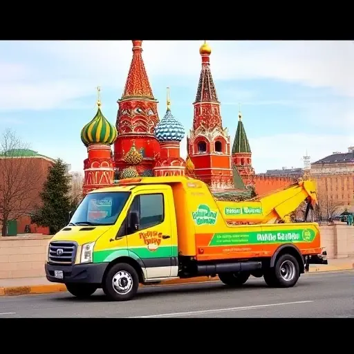 вызвать эвакуатор москва дешево A friendly, affordable-looking tow truck parked in front of a recognizable Moscow landmark such as the Kremlin or St. Basil's Cathedral, with a bright, approachable color scheme and a sense of service, set against a clear sky and subtle cityscape.