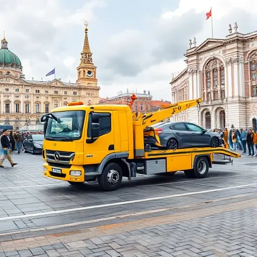 A bright yellow tow truck parked on Bolotnaya Square in Moscow, with the square's historic architecture and a crowd of onlookers in the foreground, a car being towed by the truck, all depicted in a realistic, detailed style, no text or lettering in the scene.