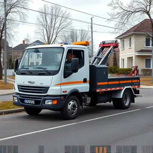 A professional tow truck with a skilled driver, parked in front of a recognizable but generic Russian suburban street scene, suggesting the town of Pushkino. The scene includes a clean road, a few modest houses, and subtle hints of a small city environment, all rendered in a realistic yet compact high-quality style. The focus is on the tow truck and the sense of experienced service, with no visible text, logos, or signage.