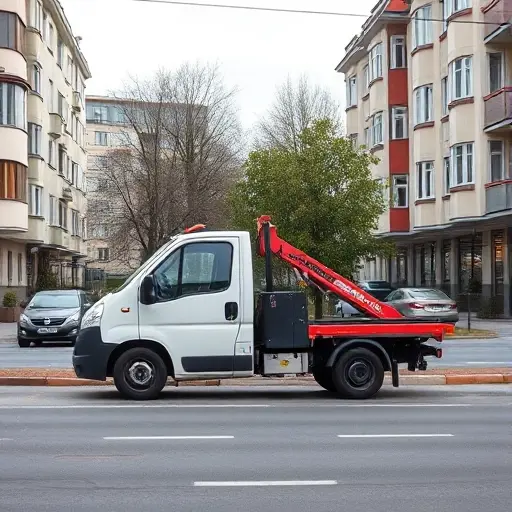 A realistic scene of a compact tow truck parked on a Moscow street in the South-Eastern Administrative Okrug, surrounded by typical residential buildings and a subtle hint of affordability, such as a small coin or modest price symbol, without any visible text or logos