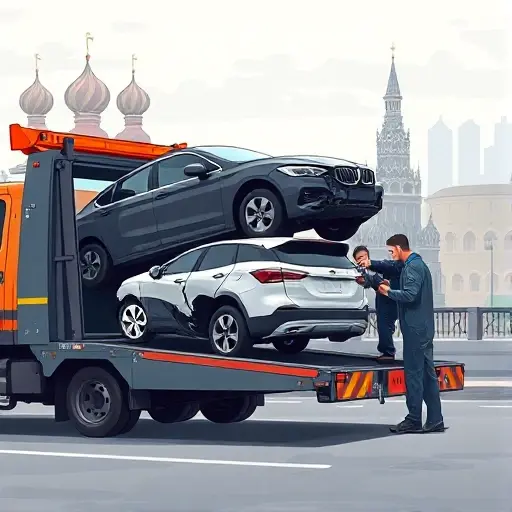A realistic, high-detail illustration of a tow truck in Moscow towing a damaged car, with a mechanic inspecting the vehicle before and after towing. The scene shows a side-by-side comparison of the car’s condition, set against a subtle Moscow city backdrop with recognizable architecture. No text, letters, or numbers are present.