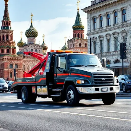 A realistic scene of a tow truck parked on a Moscow street, with recognizable Moscow architecture such as the Kremlin domes or typical city buildings in the background. The tow truck is highlighted, with a driver in a uniform, under daylight, focusing on the vehicle and urban environment to convey a towing service in Moscow without any text or signage.
