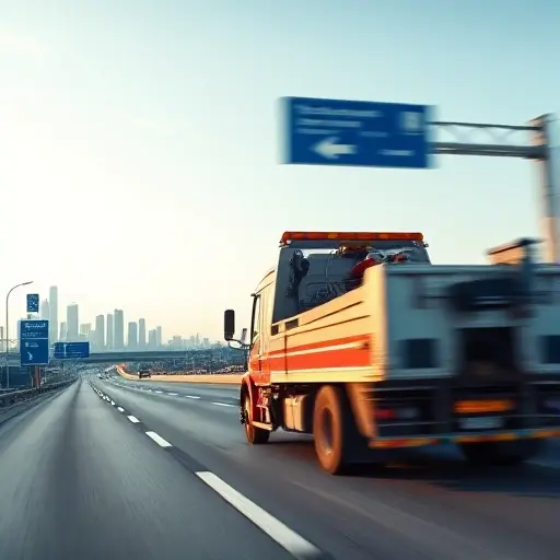 A modern tow truck driving quickly on a highway outside Moscow, with recognizable Russian road signs and a distant skyline of Moscow's skyscrapers, showing motion blur to emphasize speed of arrival, under a clear sky, realistic lighting, no text or logos
