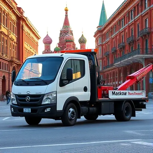 A modern tow truck parked on a Moscow street with classic red brick buildings and the silhouette of the Kremlin in the background, a driver holding a smartphone as if making a call, bright daylight, realistic rendering, no text or logos