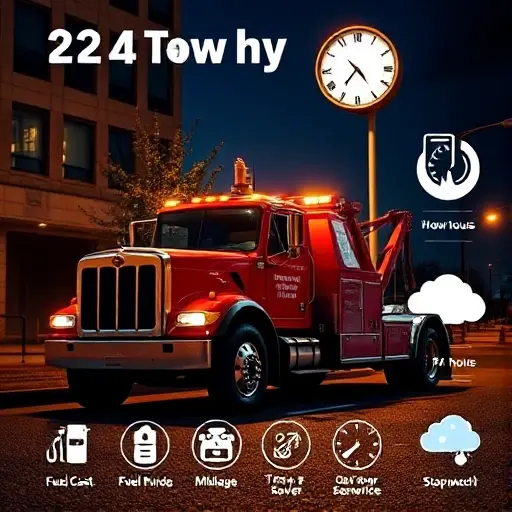 A 24-hour tow truck scene at night, showing a robust tow truck with a hook and lights, parked beside a city street under a glowing streetlamp. A subtle clock face in the background indicates all‑hours service. Around the truck, visual symbols represent factors affecting price: a fuel pump icon for fuel cost, a distance ruler for mileage, a stopwatch for time of service, and a weather cloud for weather conditions. The composition is realistic with clear details, vibrant yet balanced colors, and a professional look, without any text, letters, or digits.