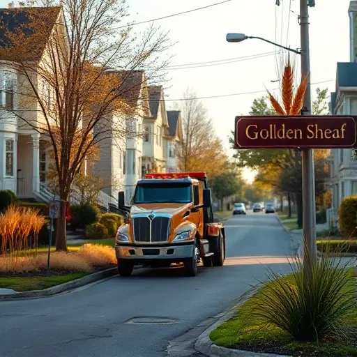 A realistic scene of a tow truck parked on a quiet residential street named Alley of Golden Sheaf, with golden wheat sheaves subtly incorporated into decorative street signs and surrounding garden beds, soft morning light casting gentle shadows, and a clear sky in the background; the focus is on the tow truck and the tranquil neighborhood atmosphere