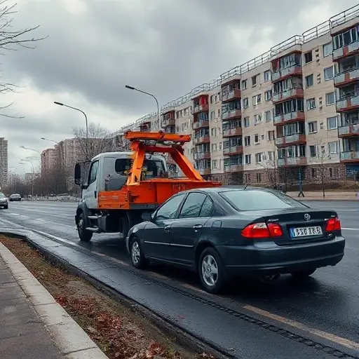 A tow truck in Moscow's South-Eastern Administrative Okrug, positioned on a city street beside a car with blocked wheels that is partially stuck in a shallow ditch. The scene includes typical Moscow apartment buildings and street lamps in the background, a cloudy sky, and subtle details of the urban environment, all rendered in the smallHQ style.