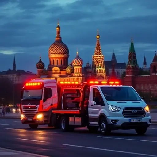 эвакуатор по москве стоимость москва цена A modern tow truck pulling a car in front of the Moscow skyline at dusk, with the iconic Kremlin in the background, showing the bustling city streets and the tow truck's bright lights, capturing the essence of towing services in Moscow