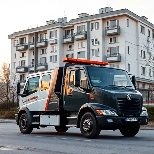 depict a modern tow truck parked in front of a residential building in Medvedkovo, Moscow, with a subtle city skyline in the background, showing a friendly mechanic in uniform, no text or signage in the image