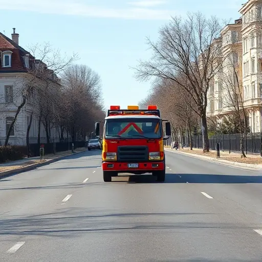 A tow truck (evacuator) driving on a typical Moscow street in the Medvedkovo district, with the road extending into the distance to convey evacuation distance, surrounded by residential buildings and trees, under a clear sky, without any visible text or signage
