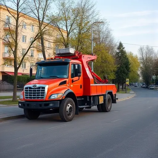 эвакуатор метрогородок москва A realistic tow truck (evakuator) parked on a quiet street in the Metrogorodok district of Moscow, with typical Russian residential buildings and trees in the background, under a clear sky, no text or signage visible