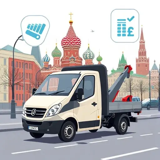 эвакуатор москва дешево рассчитать стоимость A compact tow truck parked on a Moscow street with recognizable city landmarks like the Kremlin silhouette in the background, a subtle calculator icon floating nearby to suggest cost calculation, and a modest price tag graphic indicating affordability, all rendered in a clean, detailed smallHQ style without any text or lettering